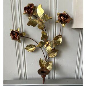 Vintage Home Interiors Brass & Copper Wall Sconce Votive Candle Holder With Rose